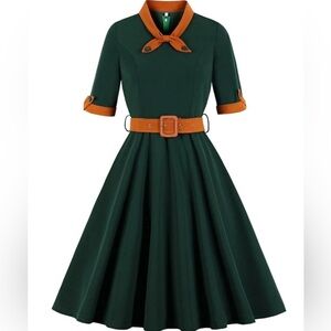 Vintage inspired retro belted Elegant Green dress